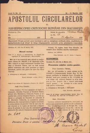 Apostolul circularelor, 12/1937, Arhiepiscopia Ortodoxă Română București