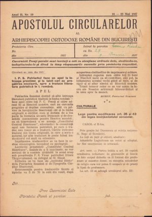 Apostolul circularelor, 19/1937, Arhiepiscopia Ortodoxă Română București