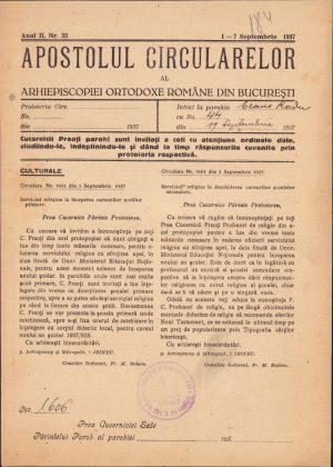 Apostolul circularelor, 33/1937, Arhiepiscopia Ortodoxă Română București