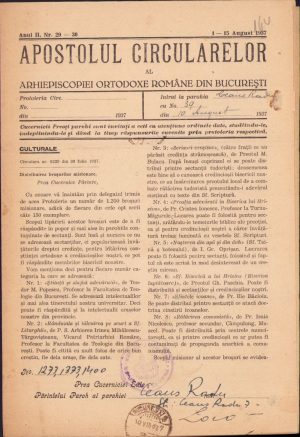 Apostolul circularelor, 29/1937, Arhiepiscopia Ortodoxă Română București