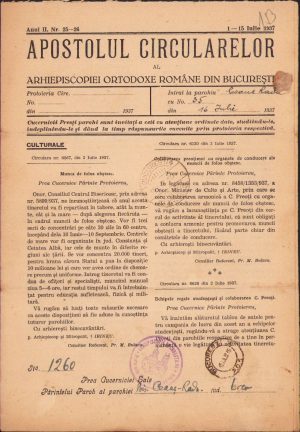 Apostolul circularelor, 25/1937, Arhiepiscopia Ortodoxă Română București