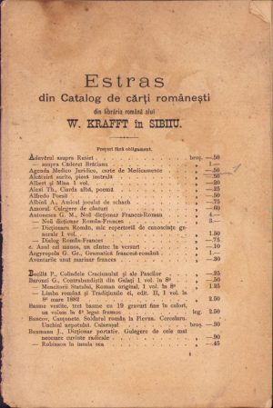 Estras din Catalog de cărți românești din librăria română alui W Krafft în Sibiu, circa anul 1882
