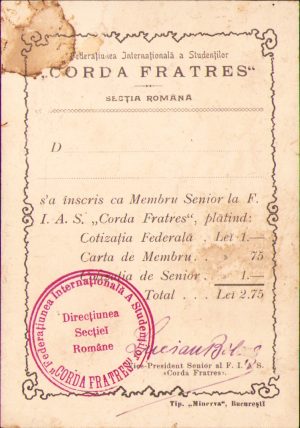 Legitimație de membru senior Corda Fratres semnată olograf de Lucian Bolcaș