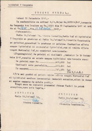 Proces-verbal de predare-primire a fondurilor și arhivei Spitalului 7 Campanie întocmit și semnat olograf de cei doi comandanți, 10 Octombrie 1943, Frontul de Est, Al Doilea Război Mondial