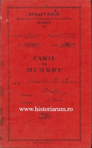 Carte de membru,  "Negovanul" Societate Cooperativă Forestieră, Sibiu, 1944