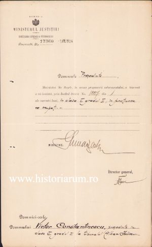 Semnătura olografă a lui Gheorghe Gh. Mârzescu, ministrul Justiției, 1924, pe actul de înaintare în clasă și grad prin Înalt Decret Regal a președintelui Tribunalului Alba Iulia, Victor Constantinescu