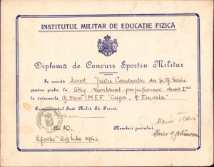 Diplomă de Concurs Sportiv Militar, locul I la proba de schi combinat-perfecționare, Cupa "H. Eremia", Eforie, 1942, semnată olograf de comandantul Institutului Militar de Educație Fizică