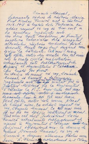 Cererea văduvei de război a preotului român ortodox Nicolae Furnică cerând mareșalului Ion Antonescu să i se permită unuia dintre cei doi fii ai săi aflați pe front să fie mutat