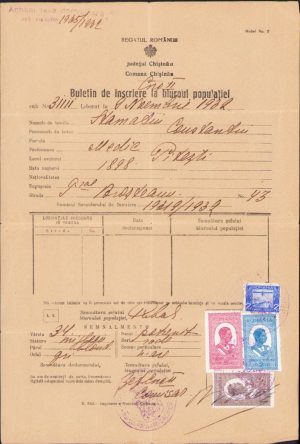 Buletin de înscriere la biroul populației al colonel dr. Constantin Stamatiu, Chișinău, Basarabia, 1932