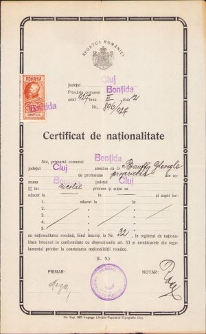 Certificatul de naționalitate română al lui Bánffy György, fiul  contelui Bánffy Miklós de Losoncz, 1927, emis de primăria Bonțida, județul Cluj