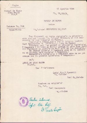 Corpul de Munte, ordin de evacuare al Spitalului 7 Campanie militar din Crimeea, 13 aprilie 1944, copie de epocă cu ștampila Spitalului 7 Campanie