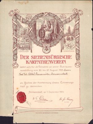 Diplomă jubiliară Der Siebenbürgische Karpatenverein, 1905, Sibiu, acordată maestrului curelar Karl Ed. Göbbel din oraș