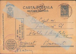 Carte poștală cu ștampila Oficiul Poștal Militar 22 (Corpul de Munte) și cenzură militară, 1943