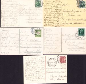 Baroneasa Eugenie Anna Maria Kövess von Kövessháza către fiul ei Eugen (Jenő), lot de 5 cărți poștale, 1909