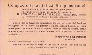 Reclamă Compactoria artistică Raupenstrauch Bistrița, 1913