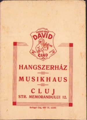 Plic cu reclamă Casa de muzică David din Cluj, perioada interbelică