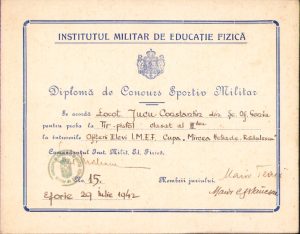 Diplomă de Concurs Sportiv Militar, locul III la proba de tir-pistol, Cupa „Mircea Heliade Rădulescu”, Eforie, 1942, semnată olograf de comandantul Institutului Militar de Educație Fizică