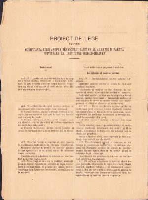 Proiect de lege pentru modificarea legii asupra Serviciului Sanitar la armatei în partea privitoare la Institutul Medico-Militar, 1920-1921