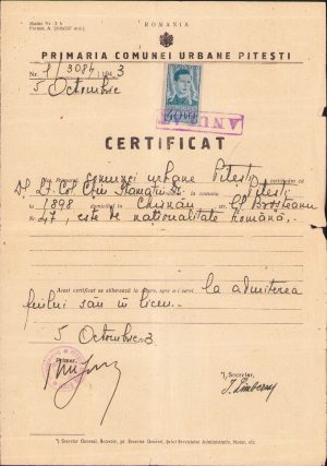 Certificat de naționalitate colonel dr. Constantin Stamatiu, Pitești, 1943