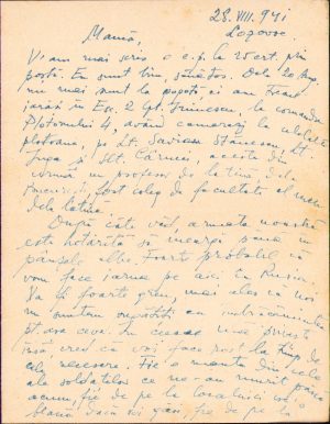 Scrisoare de pe Frontul de Est, 28 august 1941, Lozovoe, sublocotenent Savin Furnică din Regimentul 5 Călărași către mama sa