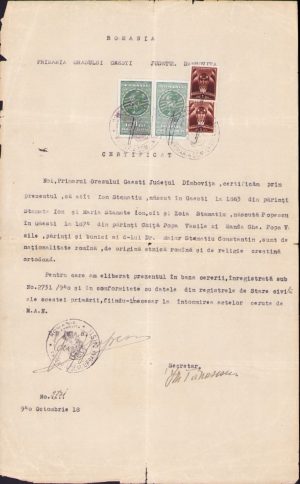 Certificat de naționalitate, Găești, județul Dâmbovița, 1940
