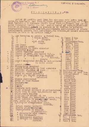Lot de 2 documente, materialele sanitare salvate ale Spitalului 7 Campanie după evacuarea din Crimeea la Constanța, 1944, cu semnătura comandantului spitalului și ștampila Spitalul 7 Campanie