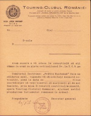 Tipizat Touring Clubul României secția Frăția Munteană Cluj cu semnătura olografă a prof. dr. Titu Vasiliu, perioada interbelică