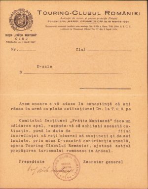 Tipizat Touring Clubul României secția Frăția Munteană Cluj cu semnătura olografă a prof. dr. Titu Vasiliu, perioada interbelică
