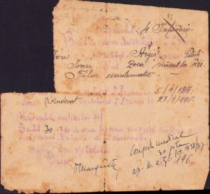Bilet de ieșire din Spitalul Militar Târgu Frumos al unui soldat din Regimentul 4 "Argeș" bolnav de tifos exantematic, aprilie 1917