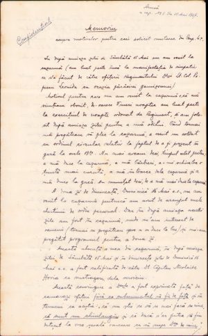 Memoriu confidențial ofițer Regimentul 23 Infanterie din Călărași, 1937