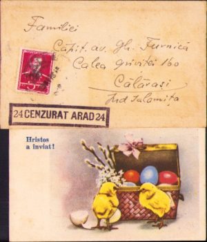 Felicitare Paști cu plic cu ștampilă Cenzurat Arad, 1943