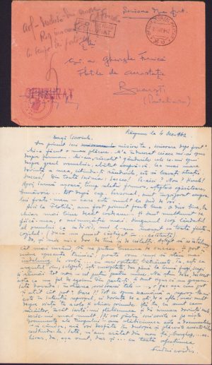 Scrisoare de pe Frontul de Est între doi ofițeri români de aviație, noiembrie 1942, cu ștampila Oficiul Poștal Militar 10, Flotila Aviație, cenzură militară