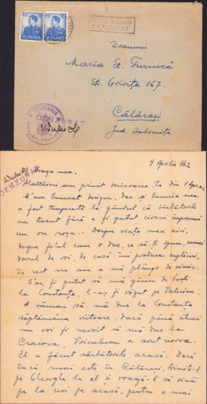 Scrisoare olografă ofițer din Escadrila 20 Observație cu ștampilă Oficiul Poștal Militar 54, Escadrila Aviație Observație, cenzură militară, 1942