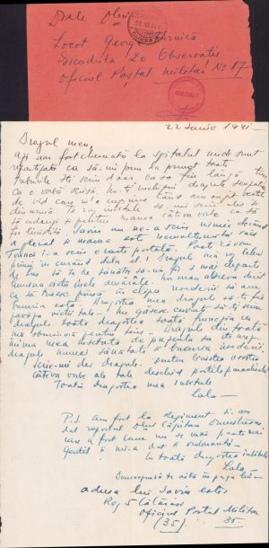 Scrisoare din prima zi de război, 22 iunie 1941, farmacistă mobilizată către cumnatul ei, ofițer în Escadrila 20 Observație, ștampilă cenzură Oficiul Poștal Militar 1 și Oficiul Poștal Militar 17