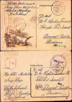 Lot de 2 cărți poștale trimise în România de un soldat român din 3 Komp. Flieger Waffentechnische Schule 2, Merseburg, Germania, 1943