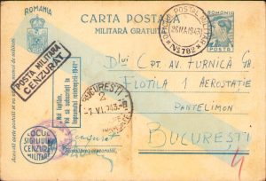 Carte poștală cu ștampila Oficiul Poștal Militar 782 (Divizia 19 Infanterie), ștampila Compania Poliție, Oficiul Poștal Militar 40, adresată unui ofițer din Flotila 1 Aerostație, 1943