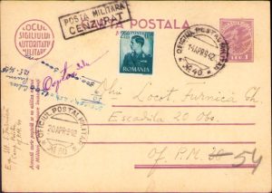 Carte poștală cu ștampila Oficiul Poștal Militar 40, Oficiul Poștal Militar 30 și cenzură militară, cu mențiunea Expediată din Crimeea 1942