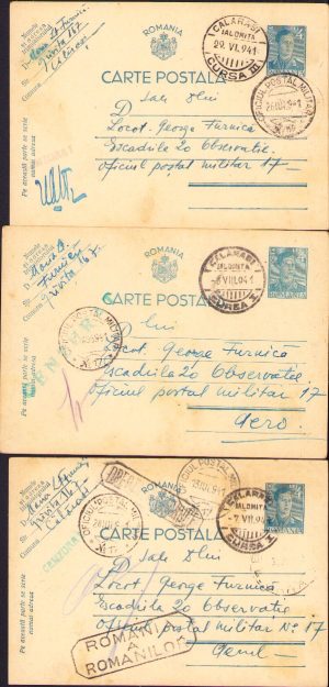 Lot de 3 cărți poștale cu ștampila Oficiul Poștal Militar 17 - Escadrila 20 Observație și cenzură, iunie-iulie 1941