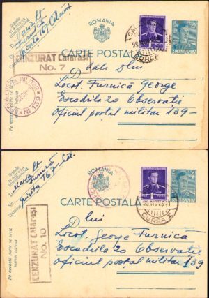 Lot 2 cărți poștale cu ștampila Oficiul Poștal Militar 139, Escadrila 20 Observație, Cenzurat Călărași, decembrie 1941