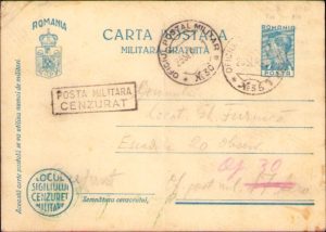 Carte poștală cu ștampila Oficiul Poștal Militar 30, Oficiul Poștal Militar 35 și cenzură militară, 1941