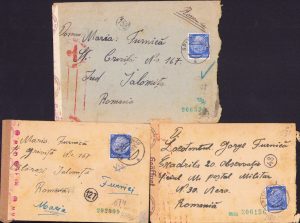 Lot de 3 scrisori cu plic cu ștampile cenzură Germania nazistă și România, 1942, expediate din Lager Spitz an der Donau de un român