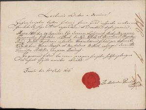 Scrisoare oficială expediată de un preot, cu sigiliu în ceară roșie, Brood (Brod), Croația, 1816
