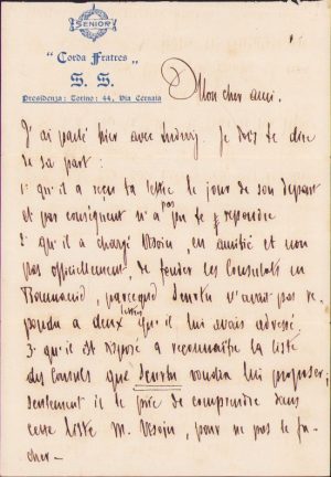 Scrisoare cu antetul Corda Fratres, 1903, adresată lui Lucian Bolcaș, scrisă și semnată olograf de Efisio Giglio-Tos