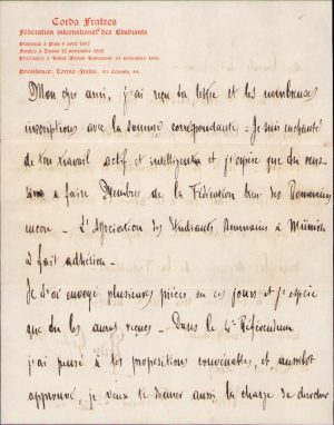 Scrisoare cu antetul Corda Fratres, 1900, adresată lui Lucian Bolcaș, scrisă și semnată olograf de Efisio Giglio-Tos