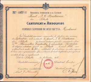 Certificat de absolvire al cursului superior de liceu secția Modernă, Liceul I. C. Brătianu, al viitorului colonel dr. Constantin Stamatiu, medic-șef al Spitalului Militar al Corpului 3 Armată Român și al Spitalului Militar Cluj, 1918, Pitești