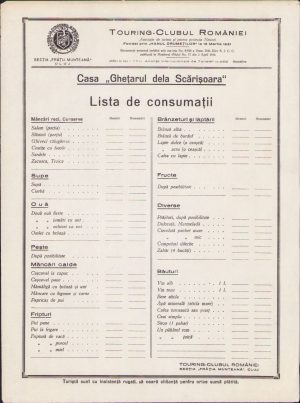 Lista de consumații/meniu Casa Ghețarul dela Scărișoara Touring Clubul României, secția Frăția Munteană Cluj