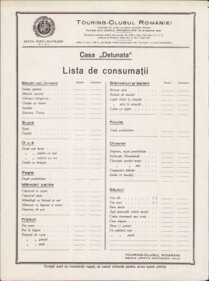 Lista de consumații/meniu Casa Detunata Touring Clubul României, secția Frăția Munteană Cluj
