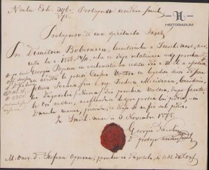 Licență de căsătorie eliberată de protopopul ortodox George Nicolin al localității Sânnicolau Mare, azi în județul Timiș, 1878. Sigiliul personal al protopopului este aplicat în ceară roșie pe document, bine vizibil
