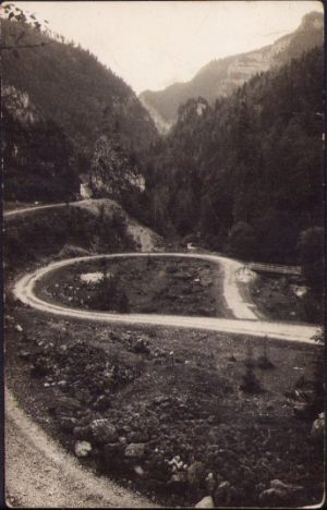 Carte poștală, 1931, drum spre Lacul Roșu, cu ștampilă Gyilkostói Pansio, Gyilkos See, Lacul Ghilcoș, studio Fotofilm Cluj