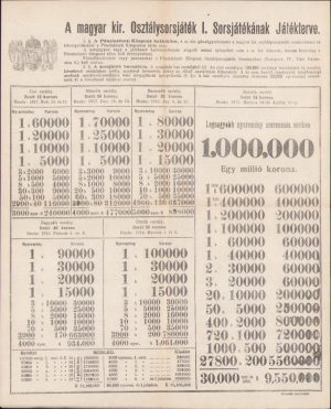 A magyar kir. Osztálysorsjáték I. Sorsjátékának Játékterve, 1917, Loteria maghiară